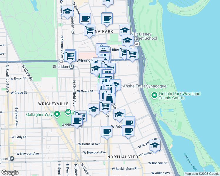map of restaurants, bars, coffee shops, grocery stores, and more near 732 West Grace Street in Chicago