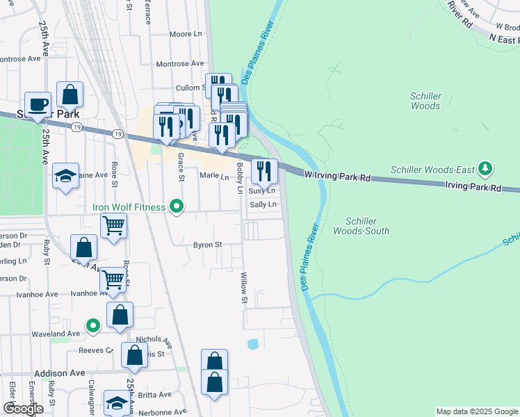 map of restaurants, bars, coffee shops, grocery stores, and more near 9229 Susy Lane in Schiller Park