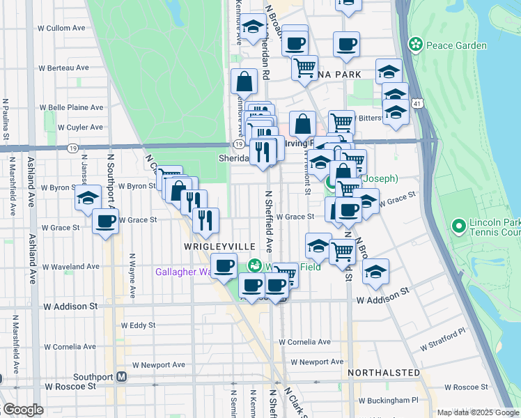 map of restaurants, bars, coffee shops, grocery stores, and more near 1017 West Byron Street in Chicago