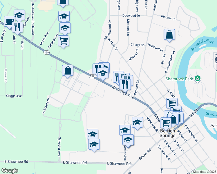 map of restaurants, bars, coffee shops, grocery stores, and more near 655 Saint Joseph Avenue in Berrien Springs