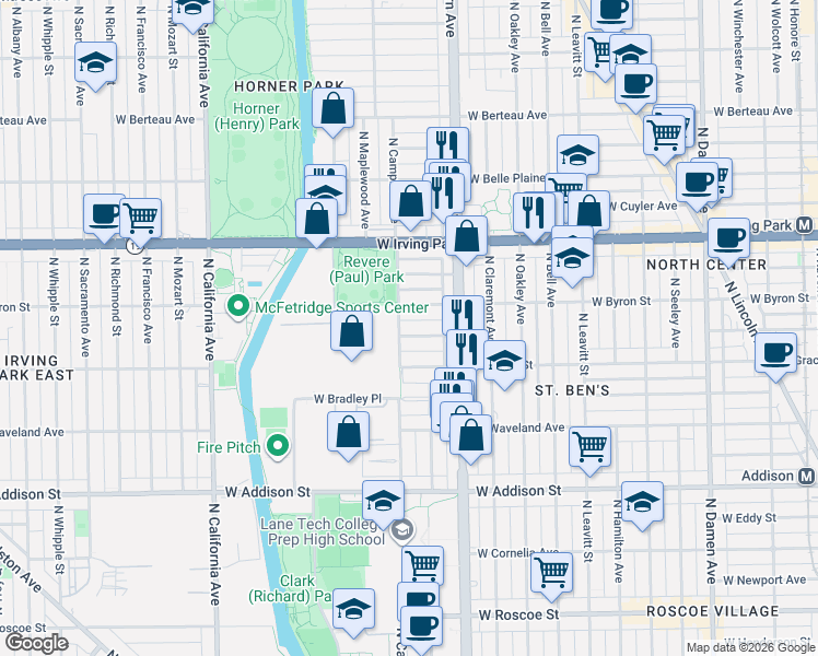 map of restaurants, bars, coffee shops, grocery stores, and more near 2448 West Berenice Avenue in Chicago