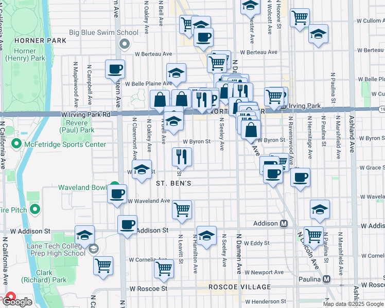 map of restaurants, bars, coffee shops, grocery stores, and more near 3850 North Hamilton Avenue in Chicago