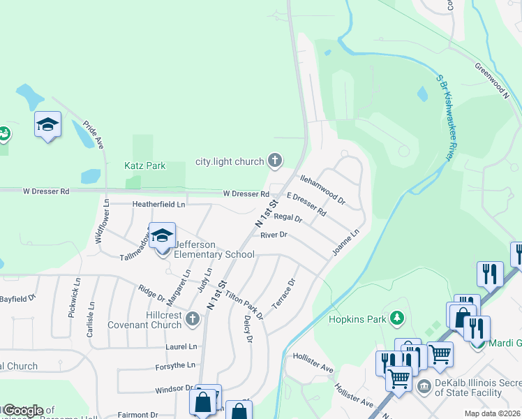 map of restaurants, bars, coffee shops, grocery stores, and more near 112 Heatherfield Lane in DeKalb