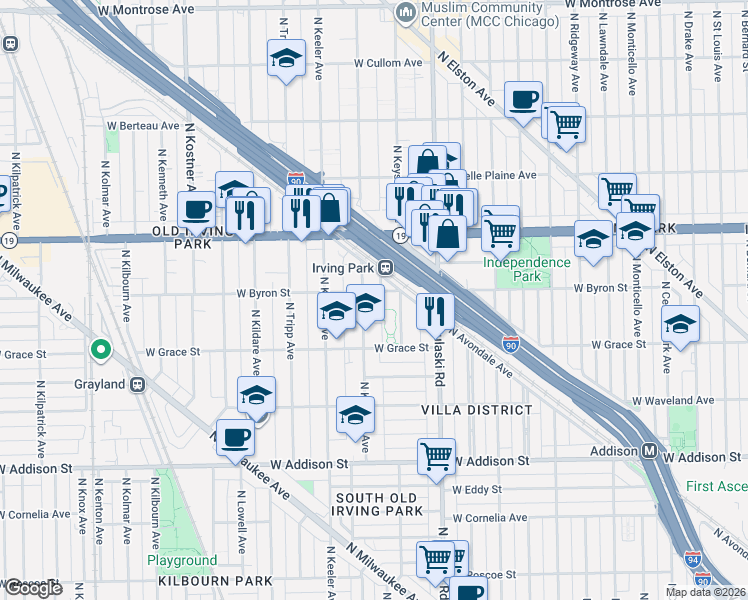 map of restaurants, bars, coffee shops, grocery stores, and more near 3853 North Kedvale Avenue in Chicago