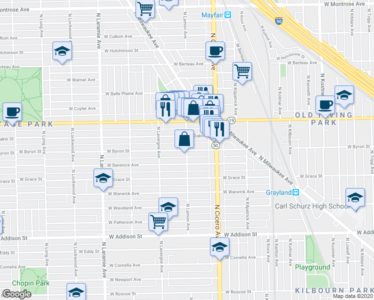 map of restaurants, bars, coffee shops, grocery stores, and more near West Byron Street & North Lamon Avenue in Chicago