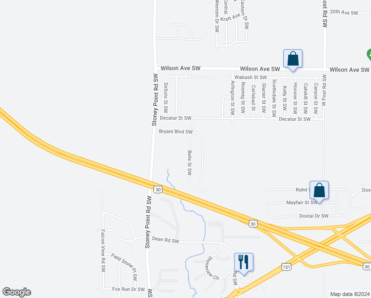 map of restaurants, bars, coffee shops, grocery stores, and more near 2810 Belle Street Southwest in Cedar Rapids
