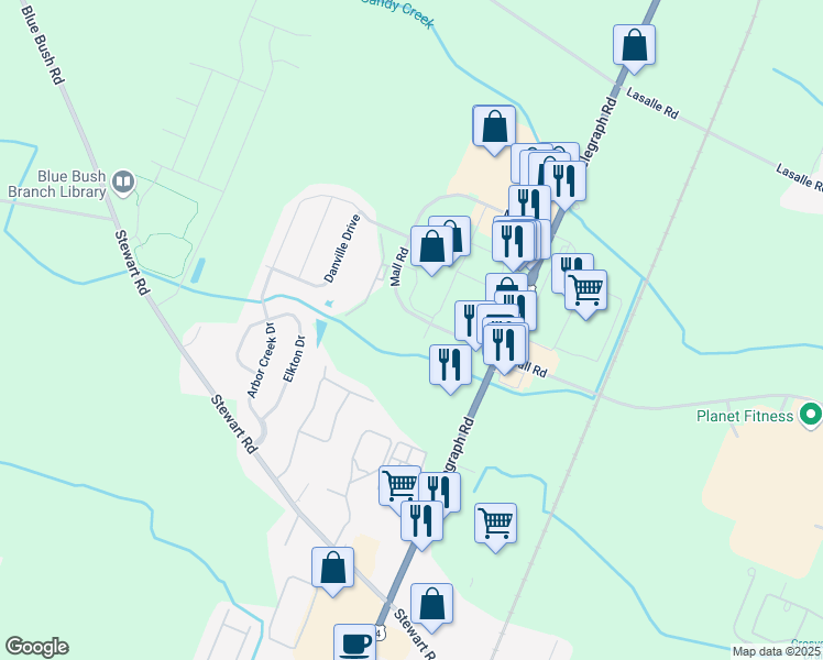 map of restaurants, bars, coffee shops, grocery stores, and more near 1525 Mall Road in Monroe