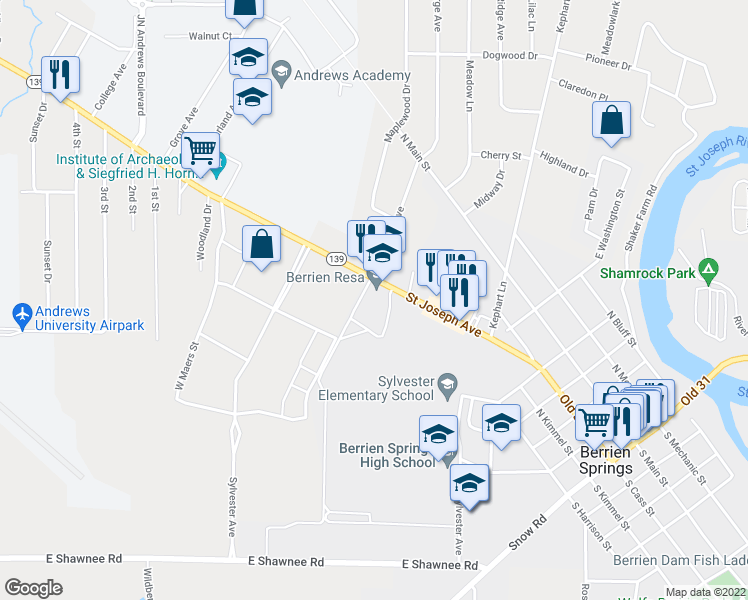 map of restaurants, bars, coffee shops, grocery stores, and more near 711 Saint Joseph Avenue in Berrien Springs