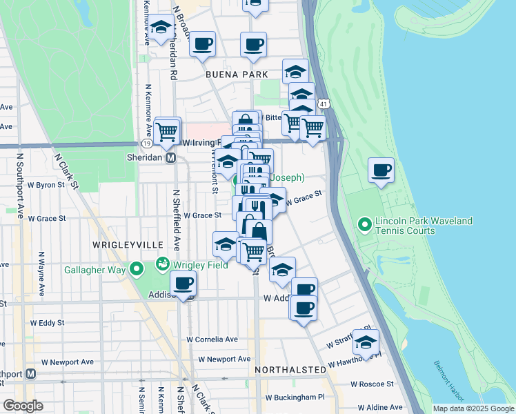 map of restaurants, bars, coffee shops, grocery stores, and more near 3823 North Broadway in Chicago