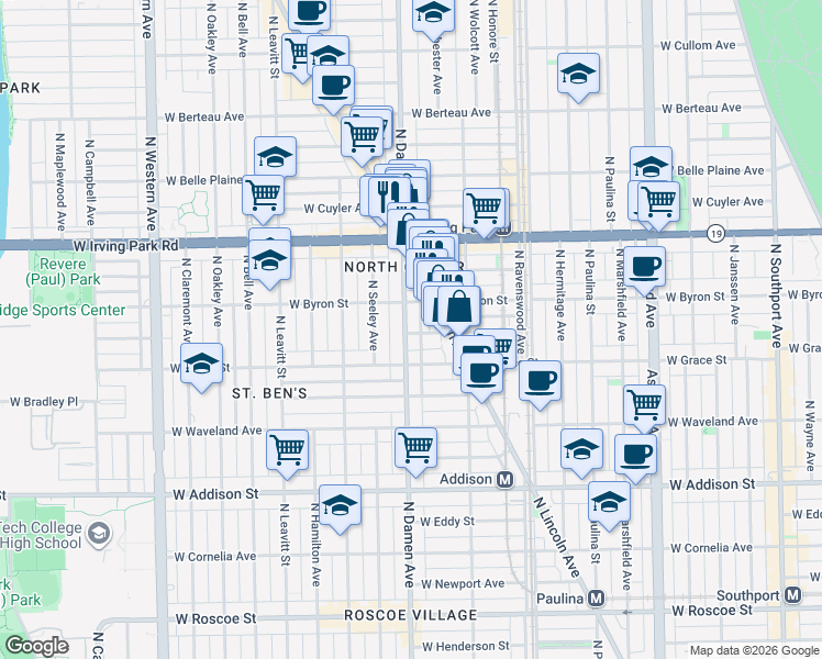 map of restaurants, bars, coffee shops, grocery stores, and more near 1940 West Berenice Avenue in Chicago