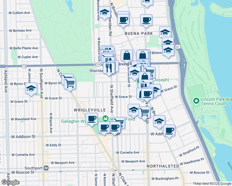map of restaurants, bars, coffee shops, grocery stores, and more near 944 West Grace Street in Chicago