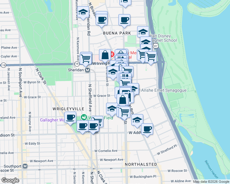map of restaurants, bars, coffee shops, grocery stores, and more near 828 West Grace Street in Chicago