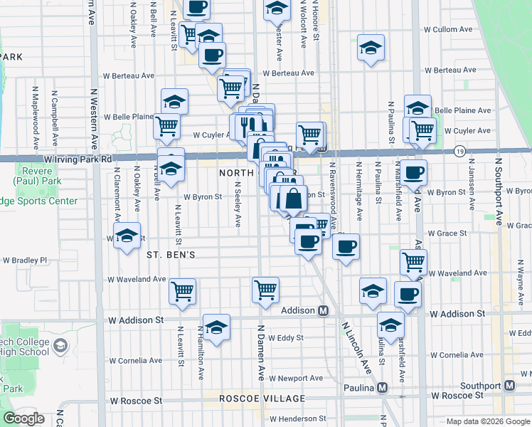 map of restaurants, bars, coffee shops, grocery stores, and more near 3868 North Lincoln Avenue in Chicago