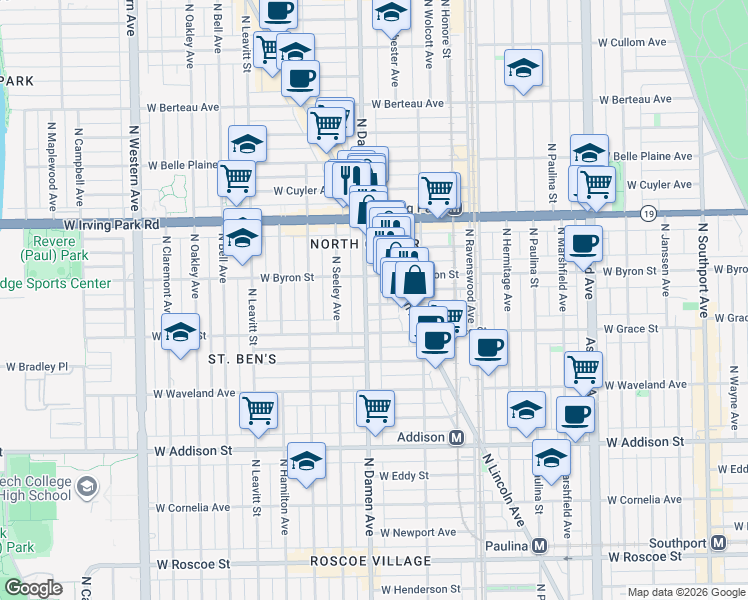 map of restaurants, bars, coffee shops, grocery stores, and more near 3868 North Lincoln Avenue in Chicago