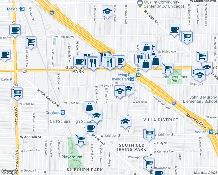 map of restaurants, bars, coffee shops, grocery stores, and more near 3855 North Tripp Avenue in Chicago