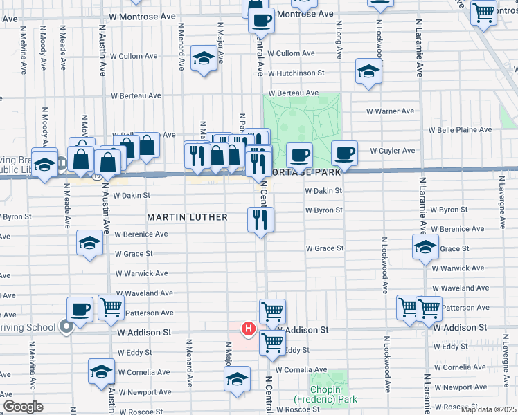 map of restaurants, bars, coffee shops, grocery stores, and more near 5625 West Dakin Street in Chicago