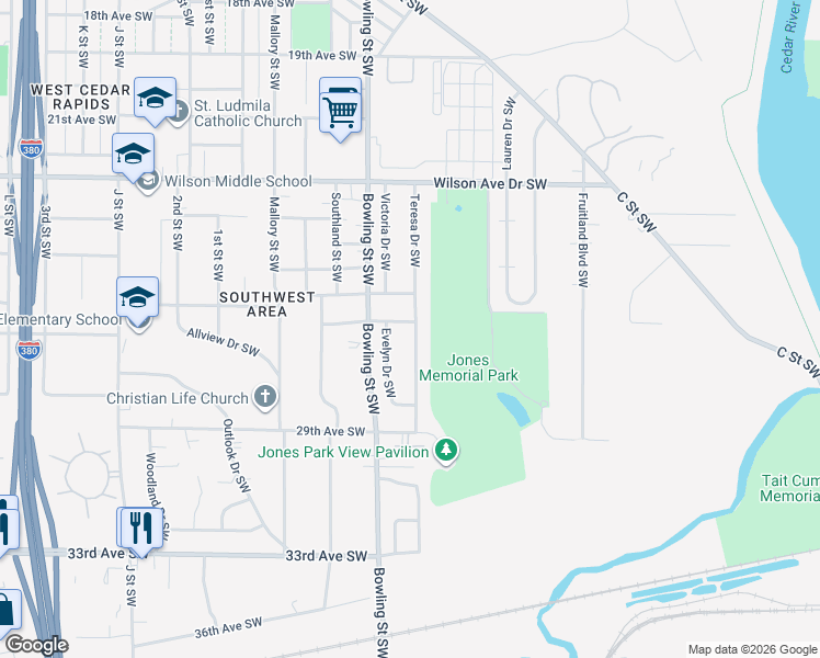 map of restaurants, bars, coffee shops, grocery stores, and more near 109 27th Avenue Drive Southwest in Cedar Rapids