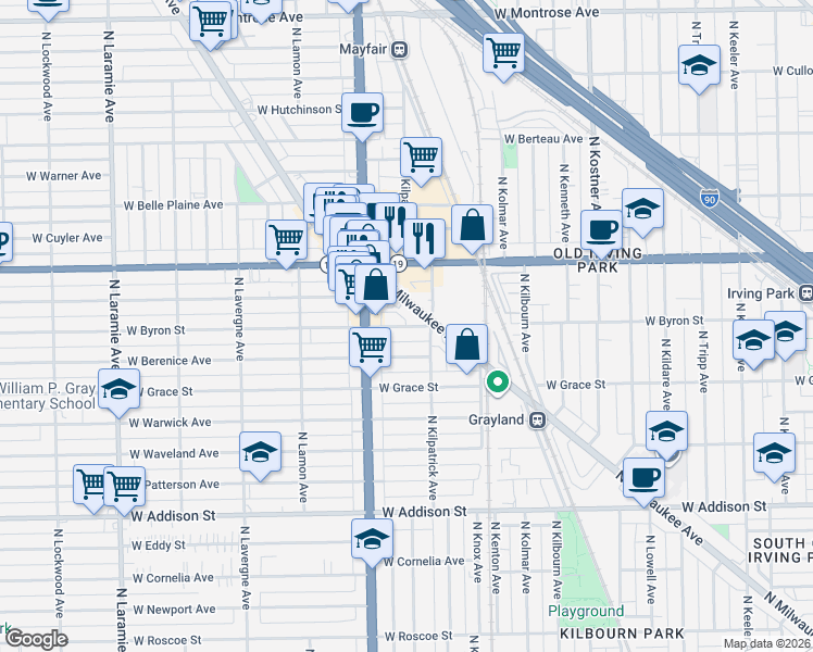 map of restaurants, bars, coffee shops, grocery stores, and more near West Byron Street in Chicago