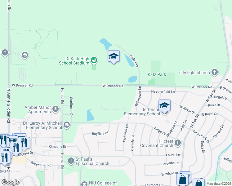 map of restaurants, bars, coffee shops, grocery stores, and more near 582 West Dresser Road in DeKalb