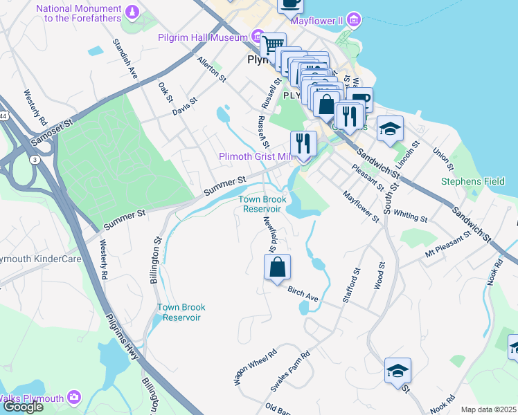 map of restaurants, bars, coffee shops, grocery stores, and more near 15 Newfield Street in Plymouth