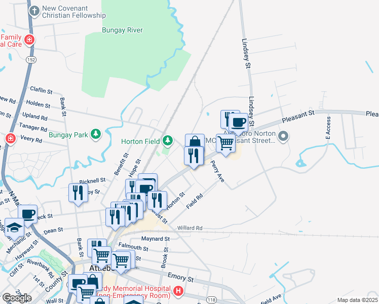 map of restaurants, bars, coffee shops, grocery stores, and more near 15 Starkey Avenue in Attleboro