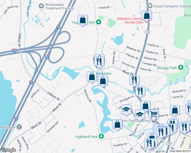 map of restaurants, bars, coffee shops, grocery stores, and more near 84 West Street in Attleboro