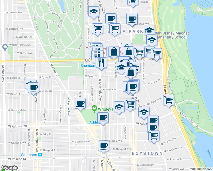 map of restaurants, bars, coffee shops, grocery stores, and more near 3825 North Sheffield Avenue in Chicago