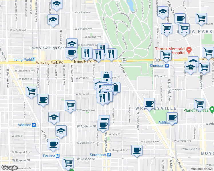 map of restaurants, bars, coffee shops, grocery stores, and more near 3846 North Southport Avenue in Chicago