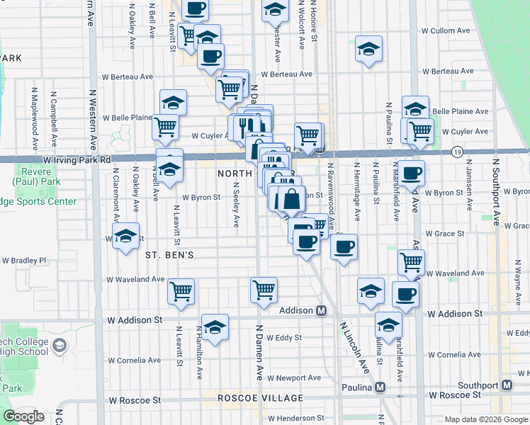 map of restaurants, bars, coffee shops, grocery stores, and more near 3868 North Lincoln Avenue in Chicago