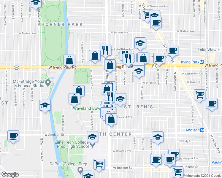 map of restaurants, bars, coffee shops, grocery stores, and more near 3838 North Western Avenue in Chicago
