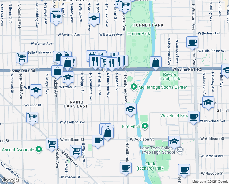 map of restaurants, bars, coffee shops, grocery stores, and more near 3855 North Francisco Avenue in Chicago