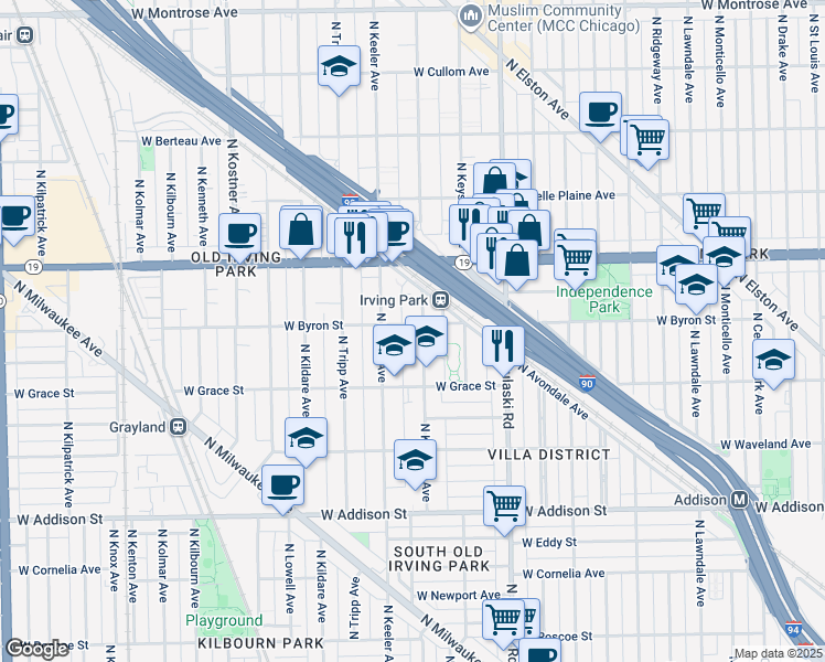 map of restaurants, bars, coffee shops, grocery stores, and more near 4130 West Byron Street in Chicago