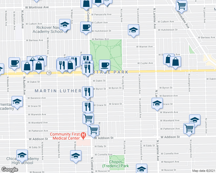 map of restaurants, bars, coffee shops, grocery stores, and more near 5509 West Dakin Street in Chicago