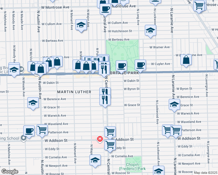 map of restaurants, bars, coffee shops, grocery stores, and more near 3942 North Central Avenue in Chicago