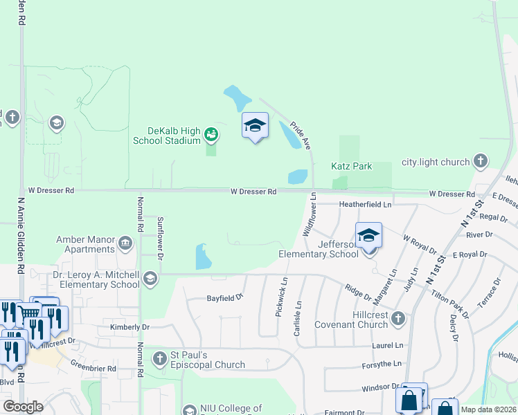 map of restaurants, bars, coffee shops, grocery stores, and more near 582 West Dresser Road in DeKalb