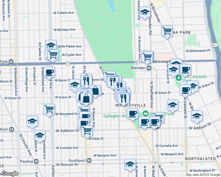 map of restaurants, bars, coffee shops, grocery stores, and more near 3833 North Clark Street in Chicago