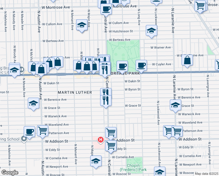 map of restaurants, bars, coffee shops, grocery stores, and more near 3942 North Central Avenue in Chicago