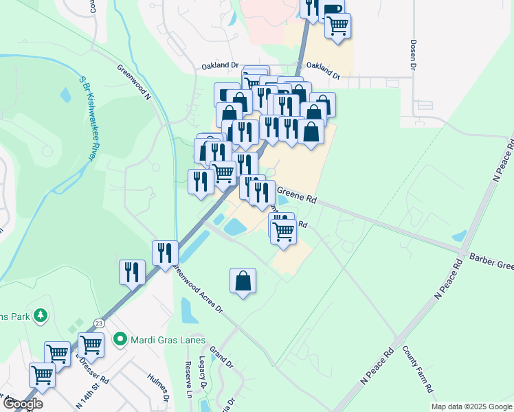map of restaurants, bars, coffee shops, grocery stores, and more near 2350 Sycamore Road in DeKalb