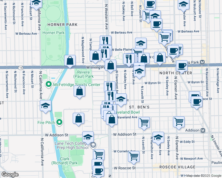 map of restaurants, bars, coffee shops, grocery stores, and more near 3838 North Western Avenue in Chicago