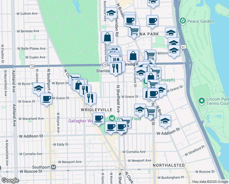 map of restaurants, bars, coffee shops, grocery stores, and more near 1017 West Byron Street in Chicago