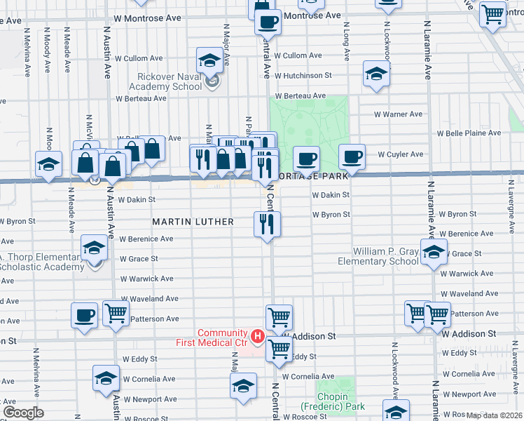 map of restaurants, bars, coffee shops, grocery stores, and more near 5625 West Dakin Street in Chicago