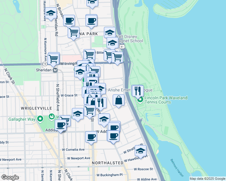 map of restaurants, bars, coffee shops, grocery stores, and more near 637 West Grace Street in Chicago