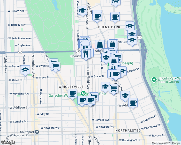 map of restaurants, bars, coffee shops, grocery stores, and more near 3825 North Sheffield Avenue in Chicago
