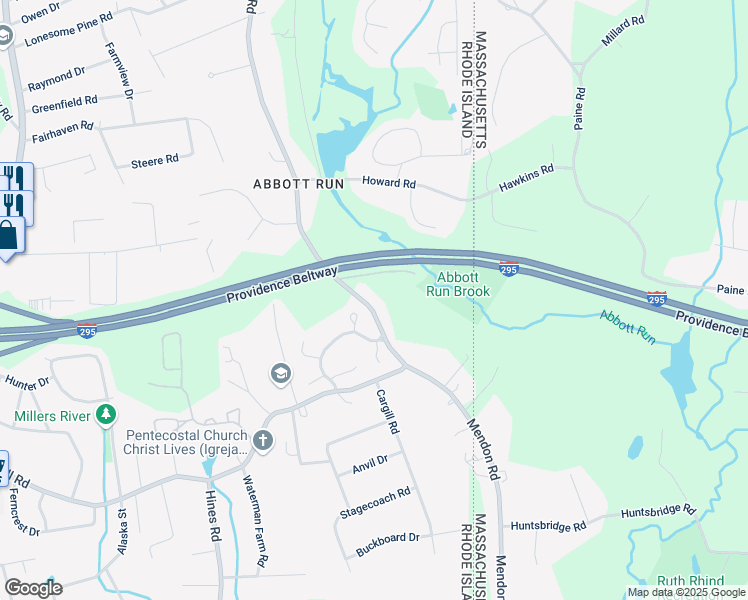 map of restaurants, bars, coffee shops, grocery stores, and more near 53 Abbott Run Valley Road in Cumberland