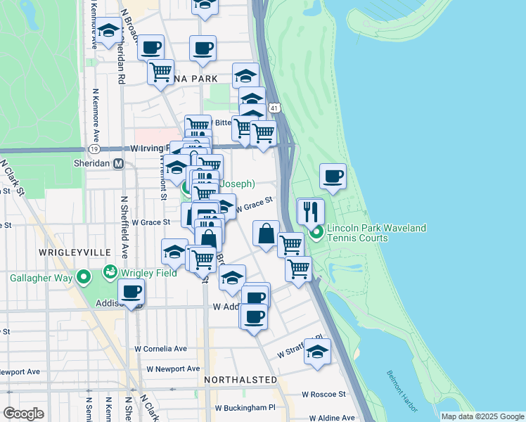 map of restaurants, bars, coffee shops, grocery stores, and more near 635 West Grace Street in Chicago
