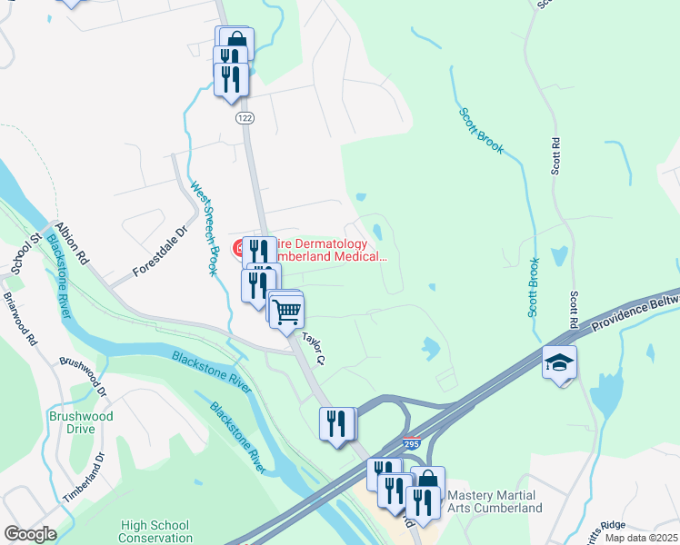 map of restaurants, bars, coffee shops, grocery stores, and more near 51 Meadowbrook Drive in Cumberland
