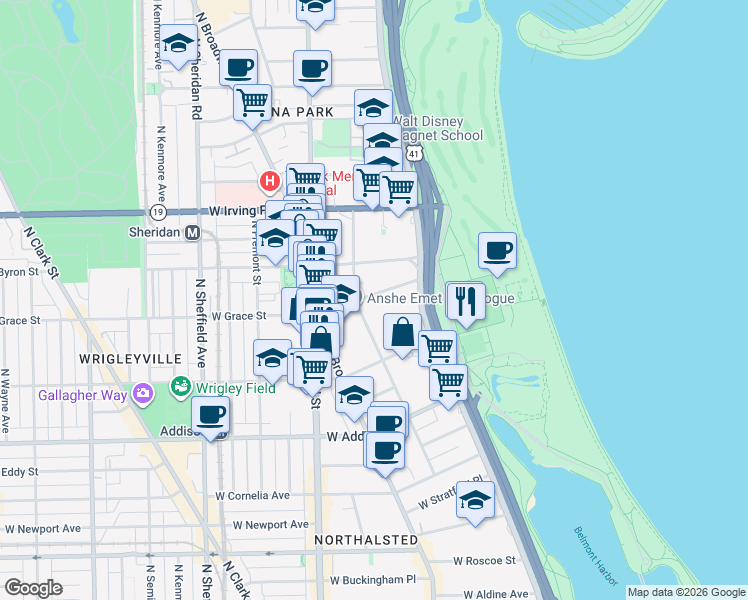 map of restaurants, bars, coffee shops, grocery stores, and more near 655 West Grace Street in Chicago