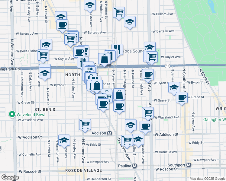 map of restaurants, bars, coffee shops, grocery stores, and more near 1817 West Byron Street in Chicago