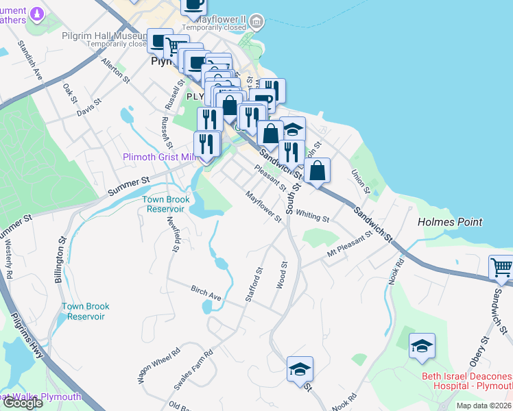 map of restaurants, bars, coffee shops, grocery stores, and more near 28 Mayflower Street in Plymouth