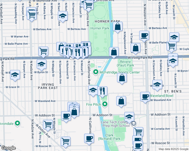 map of restaurants, bars, coffee shops, grocery stores, and more near 3843 North California Avenue in Chicago